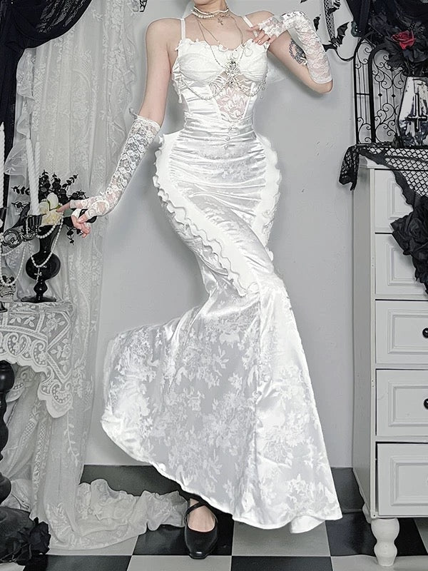 Modest Mermaid Spaghetti Strap White Satin Date Floor Length Night Evening Outfits Formal Prom Dresses RB5475