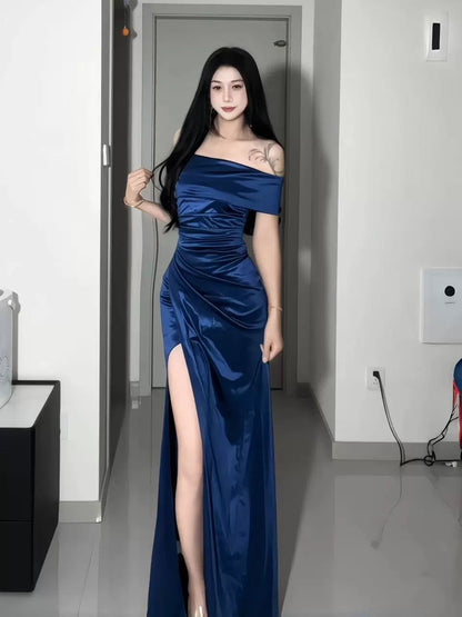 Simple Mermaid Off The Shoulder Navy Blue Satin With Ruffle Date Floor Length Night Birthday Outfit Formal Prom Dresses RB5480