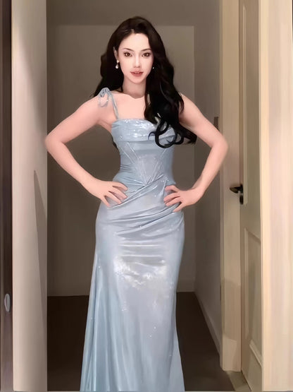 Modest Mermaid Spaghetti Strap Light Sky Blue Sequin Date Floor Length Night Evening Outfits Formal Prom Dresses RB5476