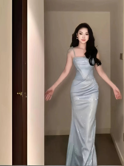 Modest Mermaid Spaghetti Strap Light Sky Blue Sequin Date Floor Length Night Evening Outfits Formal Prom Dresses RB5476