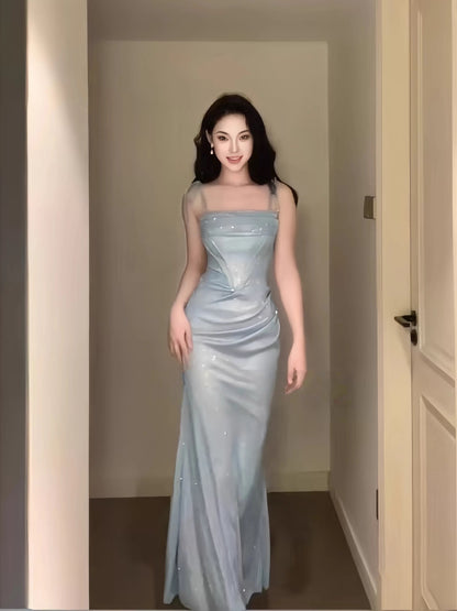 Modest Mermaid Spaghetti Strap Light Sky Blue Sequin Date Floor Length Night Evening Outfits Formal Prom Dresses RB5476