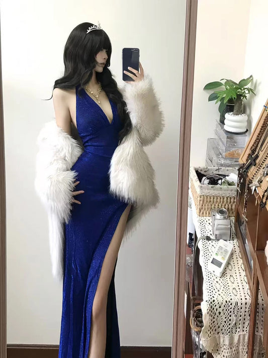 Modest Mermaid Halter Royal Blue Sequin Date With High Split Floor Length Night Evening Outfits Formal Prom Dresses RB5477