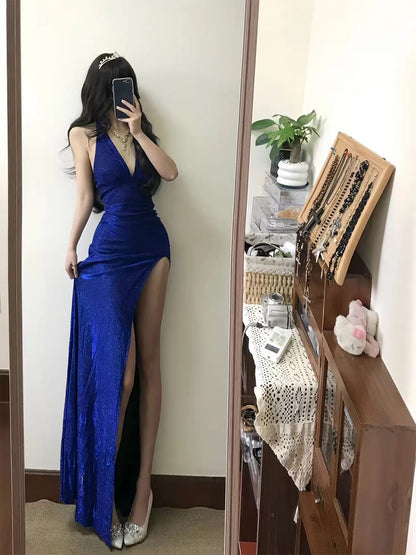 Modest Mermaid Halter Royal Blue Sequin Date With High Split Floor Length Night Evening Outfits Formal Prom Dresses RB5477