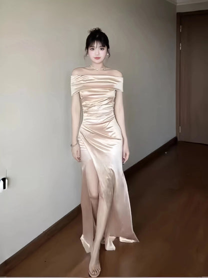 Simple Mermaid Off The Shoulder Navy Blue Satin With Ruffle Date Floor Length Night Birthday Outfit Formal Prom Dresses RB5480