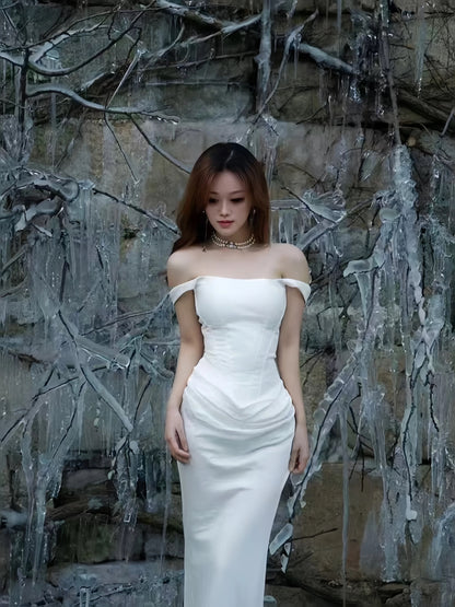 Modest Mermaid Off The Shoulder White Date Floor Length Night Evening Outfits Formal Prom Dresses RB5481