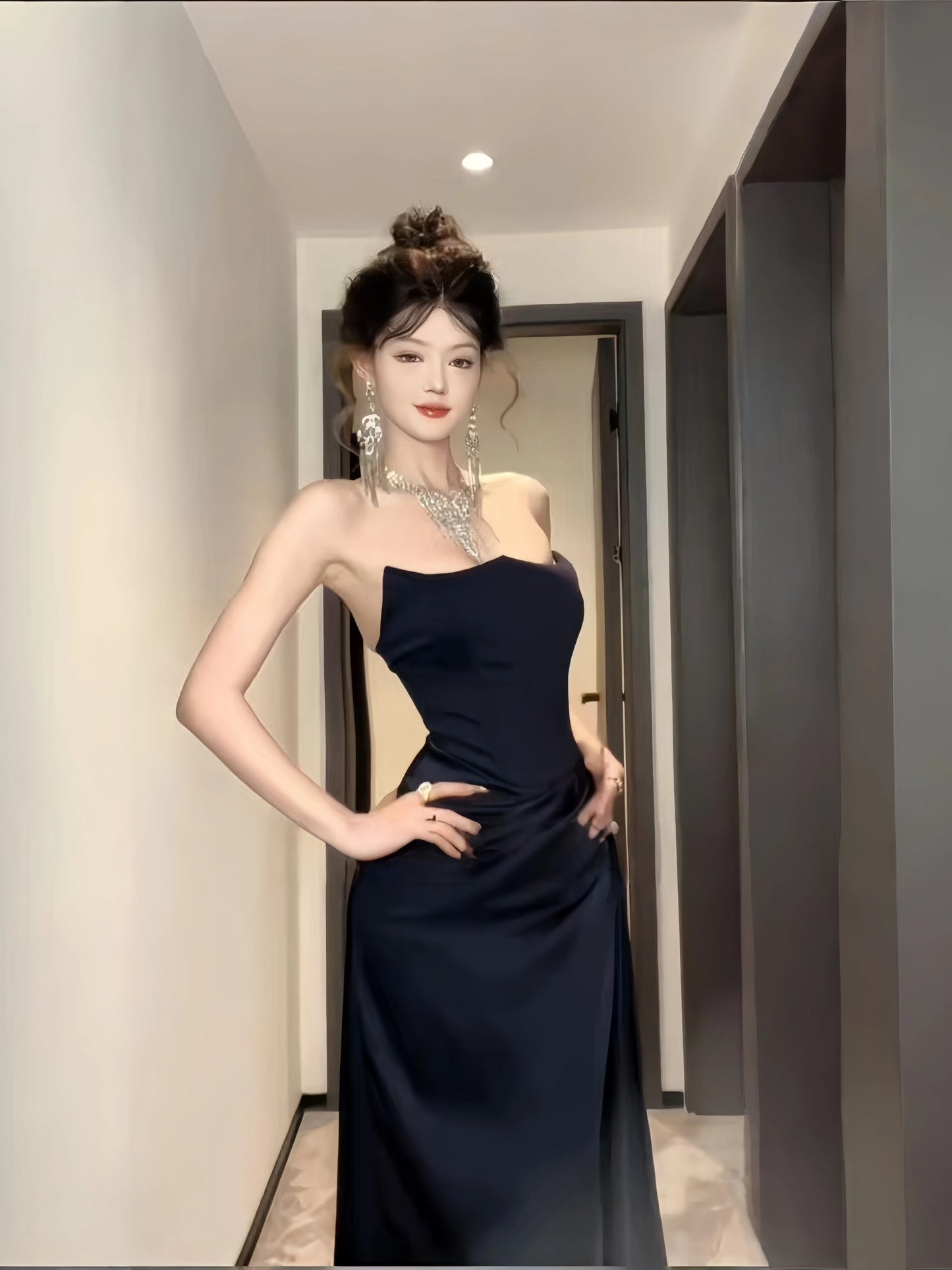 Modest Mermaid Strapless Black Tie Dress Date With High Split Floor Length Night Evening Outfits Formal Prom Dresses RB5479
