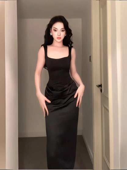 Simple Mermaid Square Neck Black Satin With Ruffle Date Floor Length Night Birthday Outfit Formal Prom Dresses RB5483