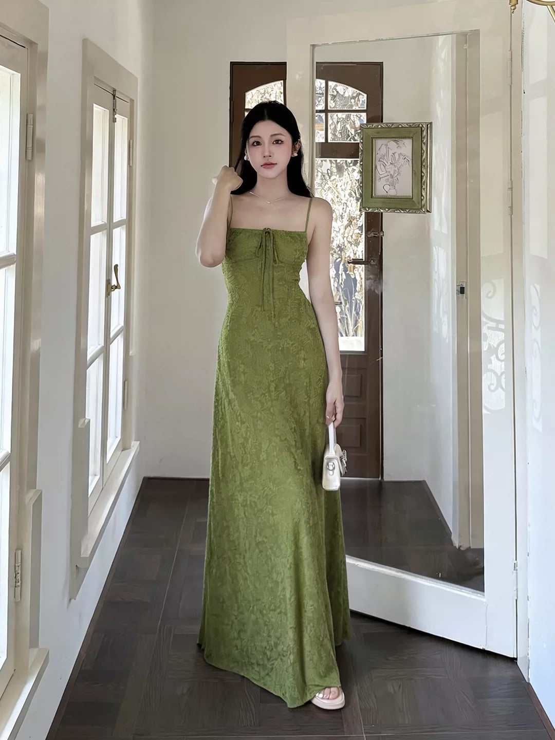 Simple A line Spaghetti Strap Green Lace Date Floor Length Night Evening Outfit Formal Prom Dresses RB5485