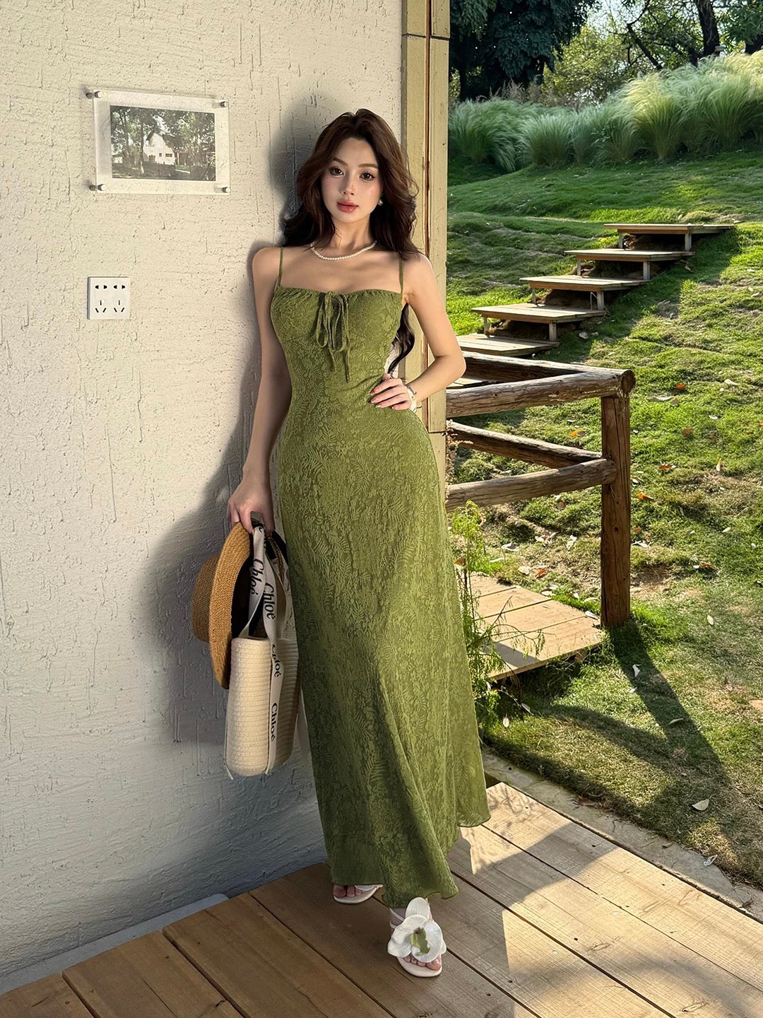 Simple A line Spaghetti Strap Green Lace Date Floor Length Night Evening Outfit Formal Prom Dresses RB5485