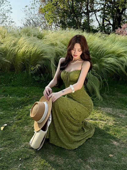 Simple A line Spaghetti Strap Green Lace Date Floor Length Night Evening Outfit Formal Prom Dresses RB5485