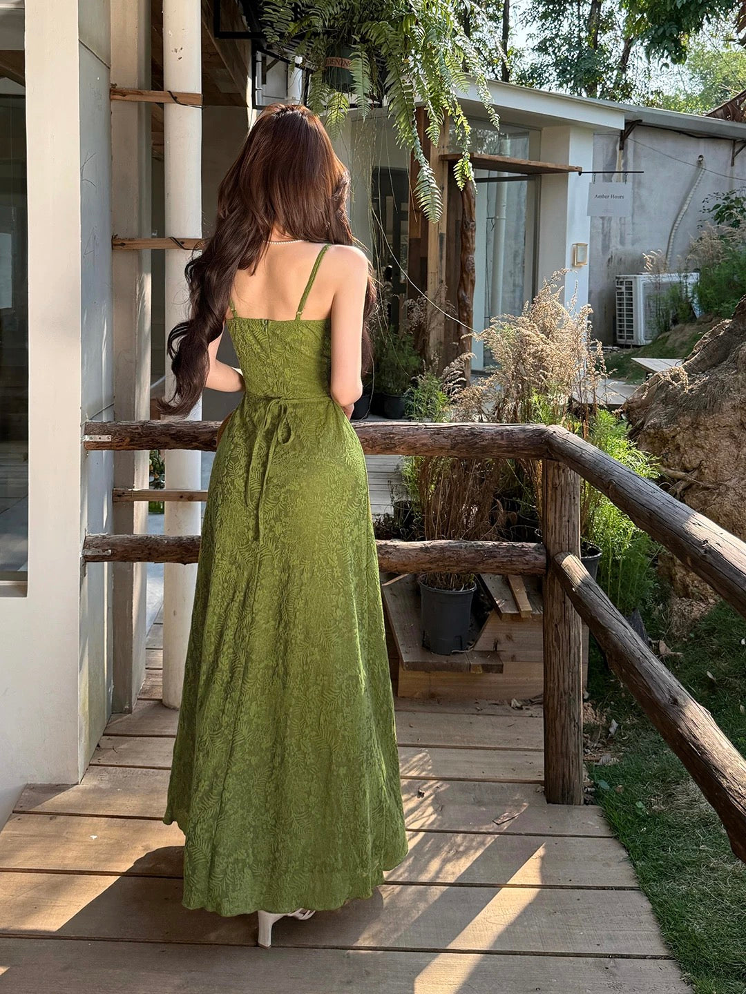 Simple A line Spaghetti Strap Green Lace Date Floor Length Night Evening Outfit Formal Prom Dresses RB5485