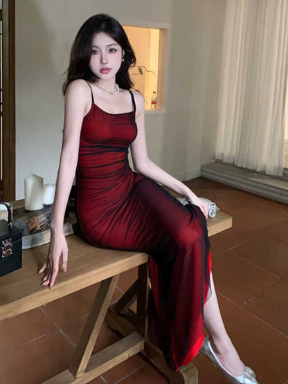 Simple Mermaid Spaghetti Strap Black Tulle Red Date Mid Length Night Evening Outfits Formal Prom Dresses RB5486