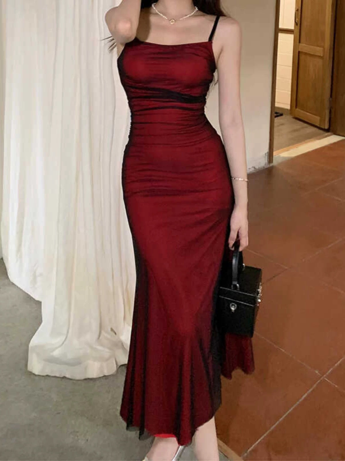 Simple Mermaid Spaghetti Strap Black Tulle Red Date Mid Length Night Evening Outfits Formal Prom Dresses RB5486