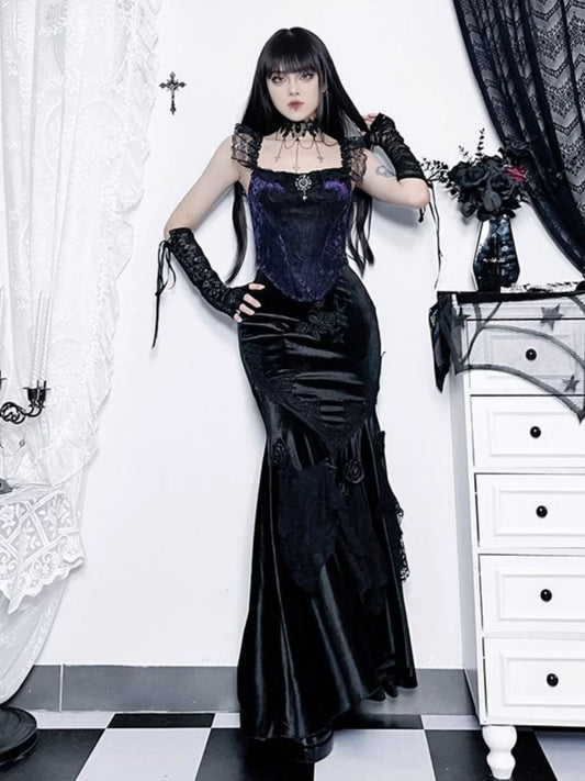Simple Mermaid 2 Pieces Black Lace Date Floor Length Night Evening Outfits Formal Prom Dresses RB5487