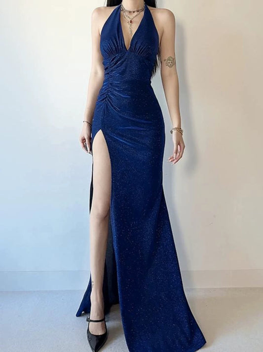 Sparkly Mermaid Halter Royal Blue Sequined With Slit Date Long Night Birthday Outfit Formal Prom Dresses RB5489