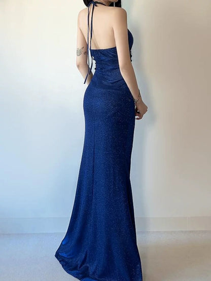 Sparkly Mermaid Halter Royal Blue Sequined With Slit Date Long Night Birthday Outfit Formal Prom Dresses RB5489