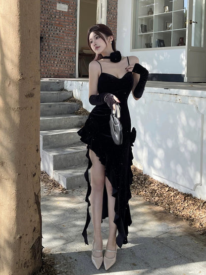 Stunning Mermaid Spaghetti Strap Black Velvet Date With Ruffled Night Evening Outfit Formal Prom Dresses RB5490