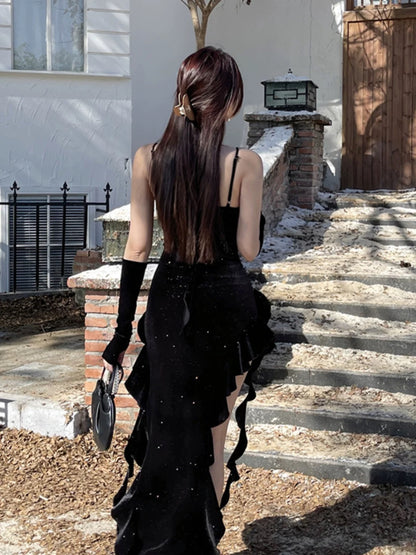 Stunning Mermaid Spaghetti Strap Black Velvet Date With Ruffled Night Evening Outfit Formal Prom Dresses RB5490