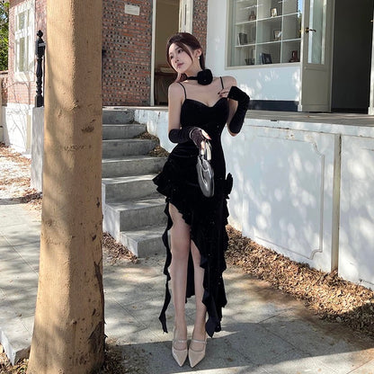 Stunning Mermaid Spaghetti Strap Black Velvet Date With Ruffled Night Evening Outfit Formal Prom Dresses RB5490