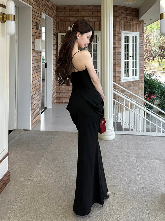 Simple Mermaid Spaghetti Strap Black Chiffon Long Date Night Outfits Semi Formal Prom Wedding Guest Dresses RB5491