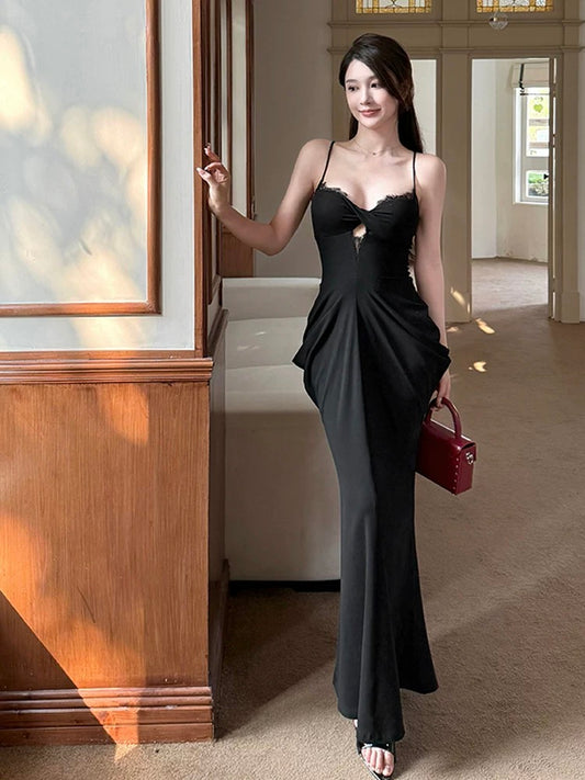 Simple Mermaid Spaghetti Strap Black Chiffon Long Date Night Outfits Semi Formal Prom Wedding Guest Dresses RB5491