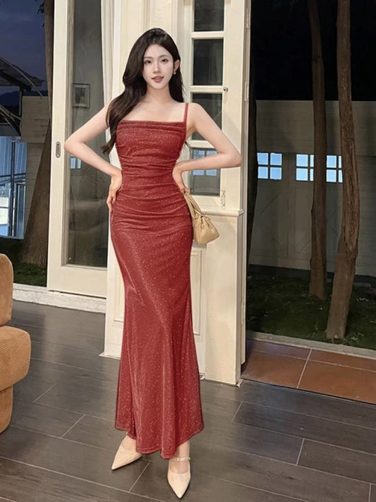 Simple Mermaid Spaghetti Strap Sequin Red Date Floor Length Night Evening Outfit Formal Prom Dresses RB5497