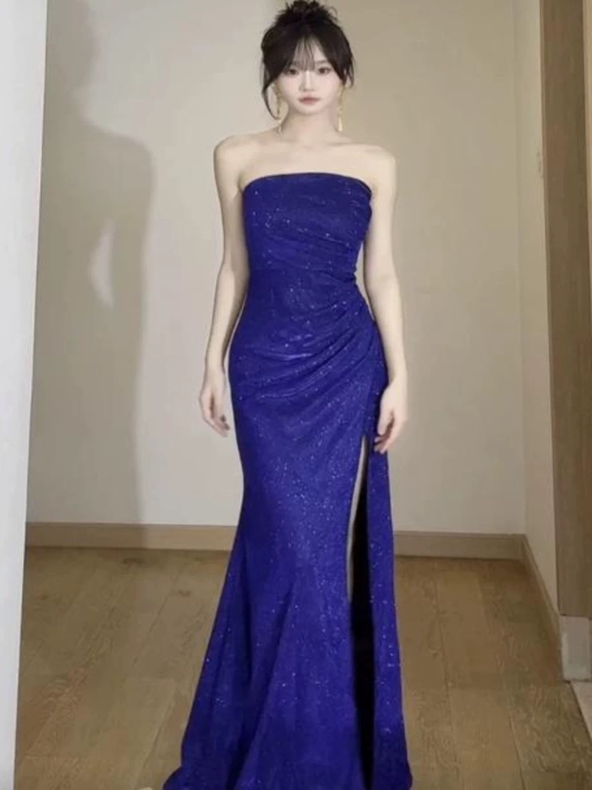 Simple Mermaid Strapless Royal Blue Sequin Slit Date Floor Length Night Evening Outfit Formal Prom Dresses RB5496