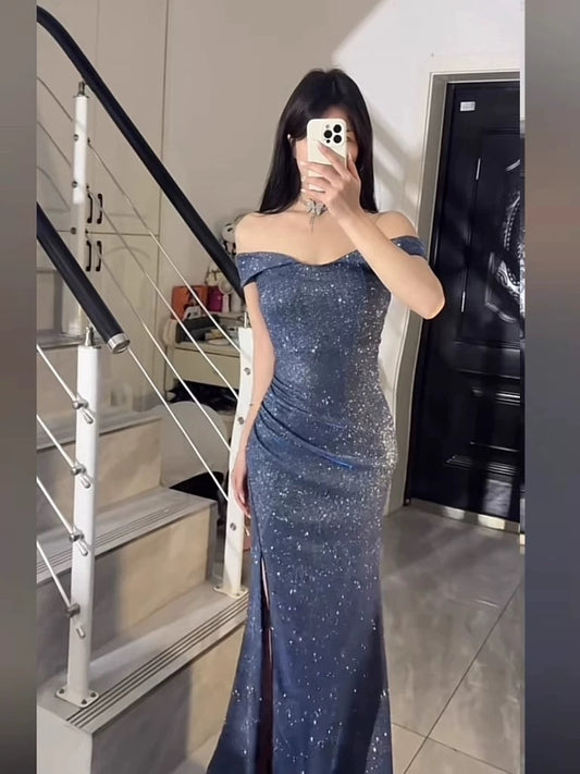 Glitter Mermaid Off The Shoulder Blue Sequined With Slit Long Date Night Outfits Semi Formal Wedding Guest Dresses RB5495