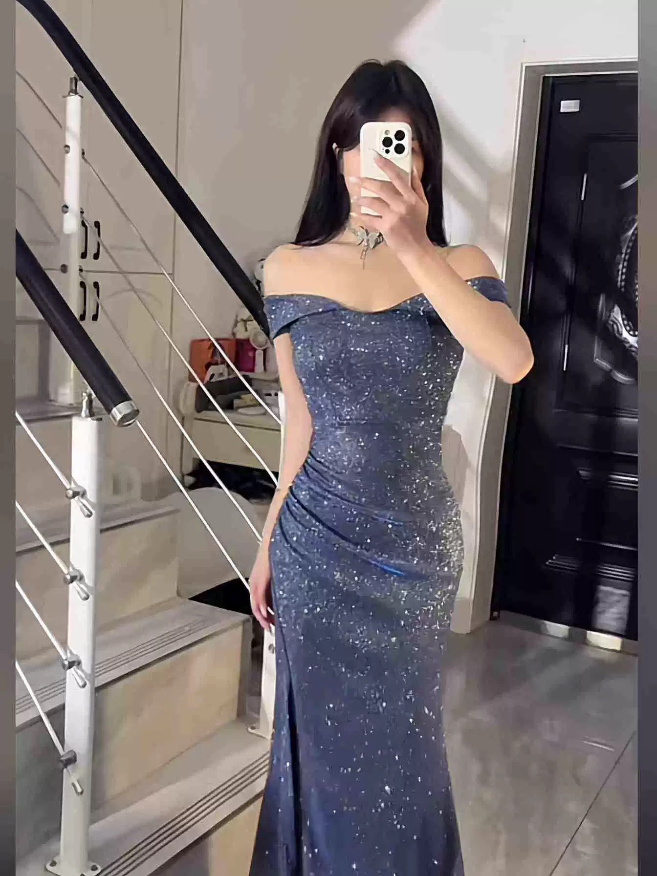Glitter Mermaid Off The Shoulder Blue Sequined With Slit Long Date Night Outfits Semi Formal Wedding Guest Dresses RB5495