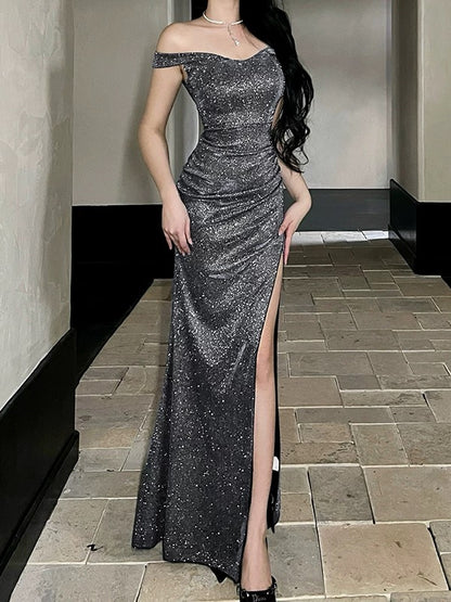 Glitter Mermaid Off The Shoulder Blue Sequined With Slit Long Date Night Outfits Semi Formal Wedding Guest Dresses RB5495