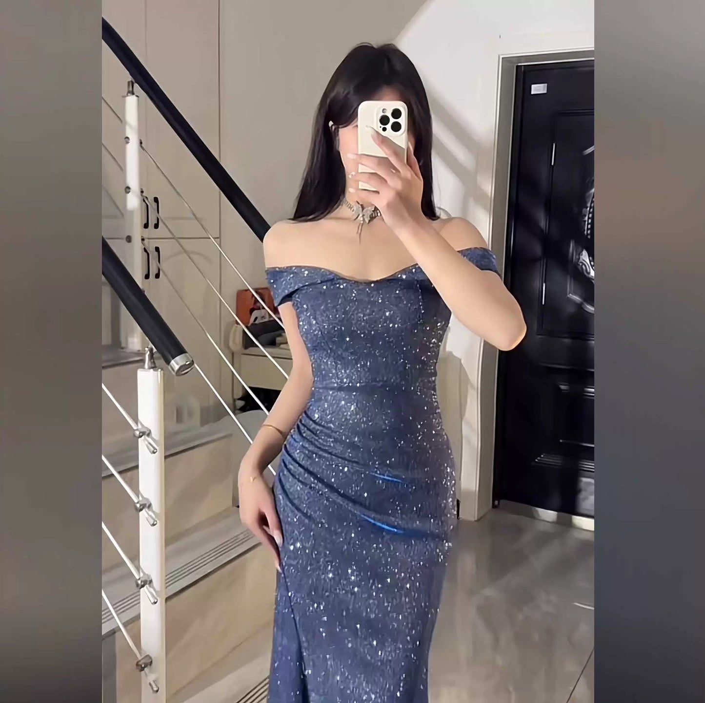 Glitter Mermaid Off The Shoulder Blue Sequined With Slit Long Date Night Outfits Semi Formal Wedding Guest Dresses RB5495