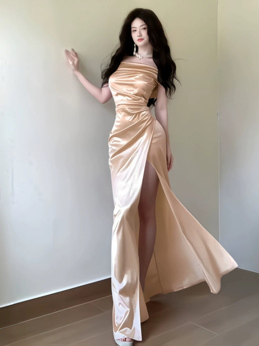 Simple Mermaid Off The Shoulder Gold Satin Date Floor Length Night Evening Outfit Formal Prom Dresses RB5498