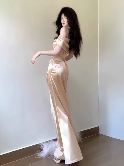 Simple Mermaid Off The Shoulder Gold Satin Date Floor Length Night Evening Outfit Formal Prom Dresses RB5498