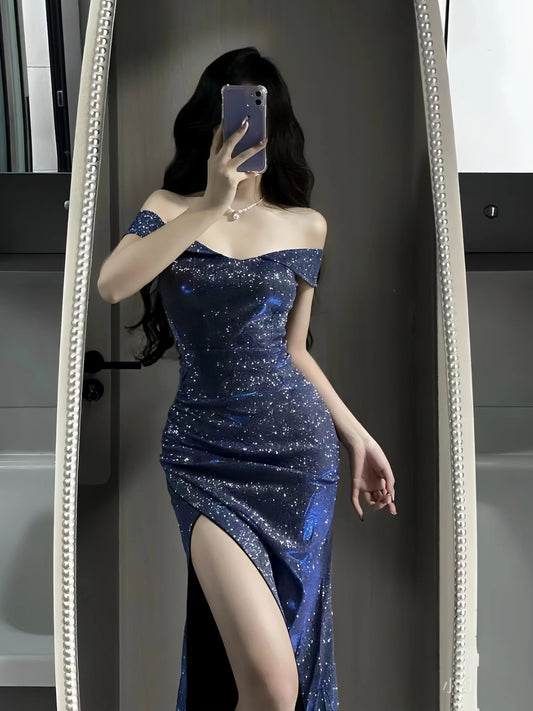 Sparkly Mermaid Off The Shoulder Navy Blue Long Cruise Ship Formal Night Evening Dresses 19th Birthday Outfit RB5737