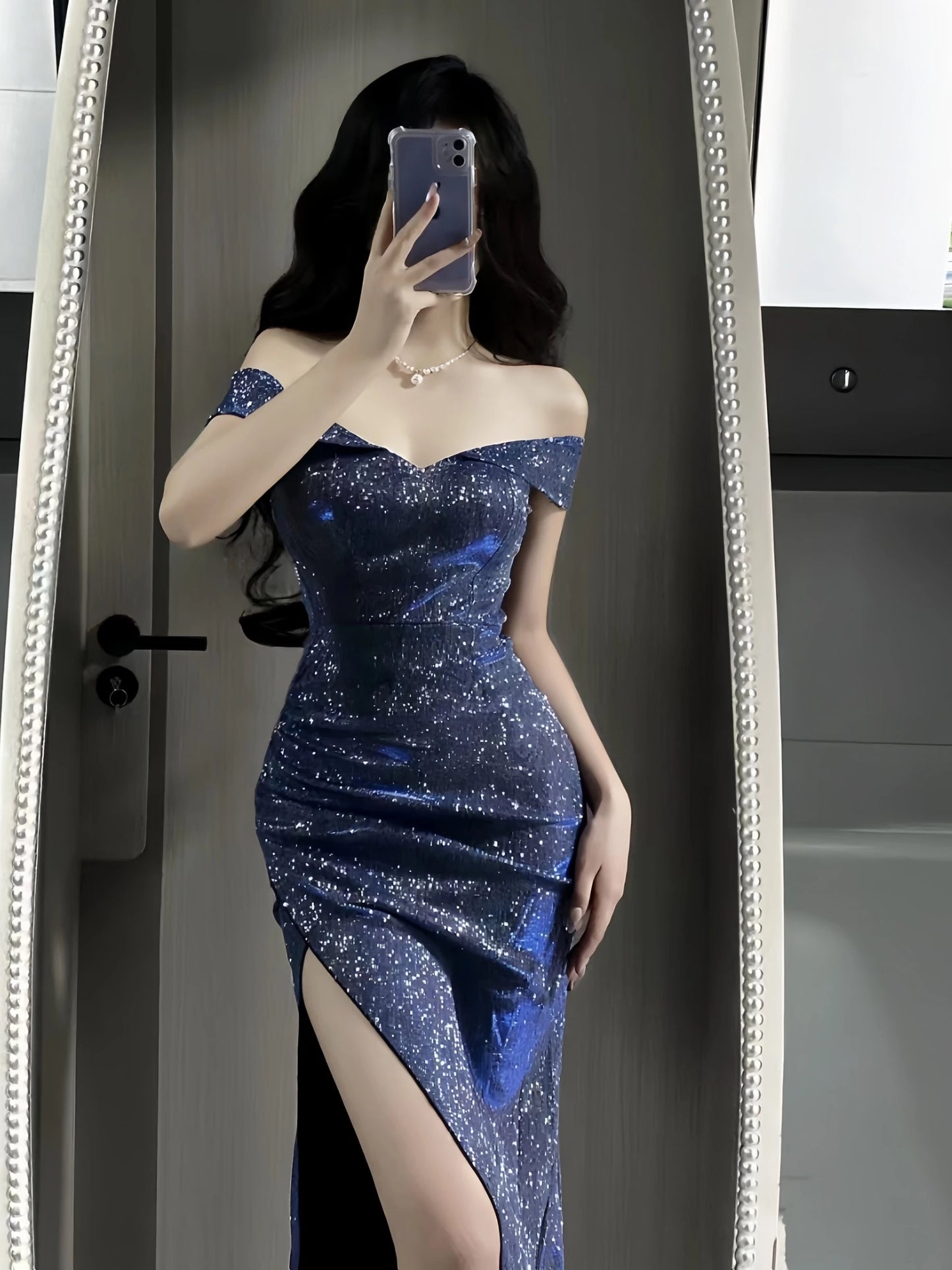 Sparkly Mermaid Off The Shoulder Navy Blue Long Cruise Ship Formal Night Evening Dresses 19th Birthday Outfit RB5737