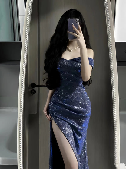 Sparkly Mermaid Off The Shoulder Navy Blue Long Cruise Ship Formal Night Evening Dresses 19th Birthday Outfit RB5737