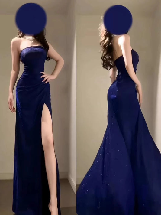 Sparkly Mermaid Strapless Royal Blue With Split Long Cruise Ship Formal Night Evening Dresses 19th Birthday Outfit RB5738