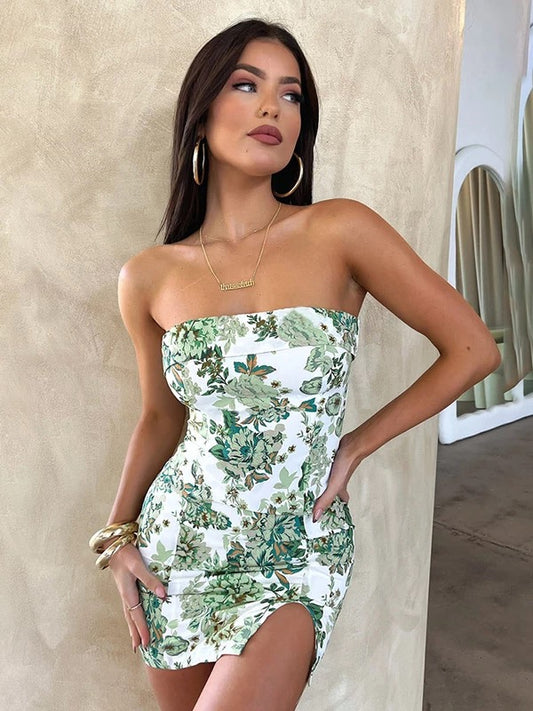 Cute Sheath Strapless Green Floral Satin Short Birthday Gown Homecoming Dresses Ideas Hoco Outfits RB5755