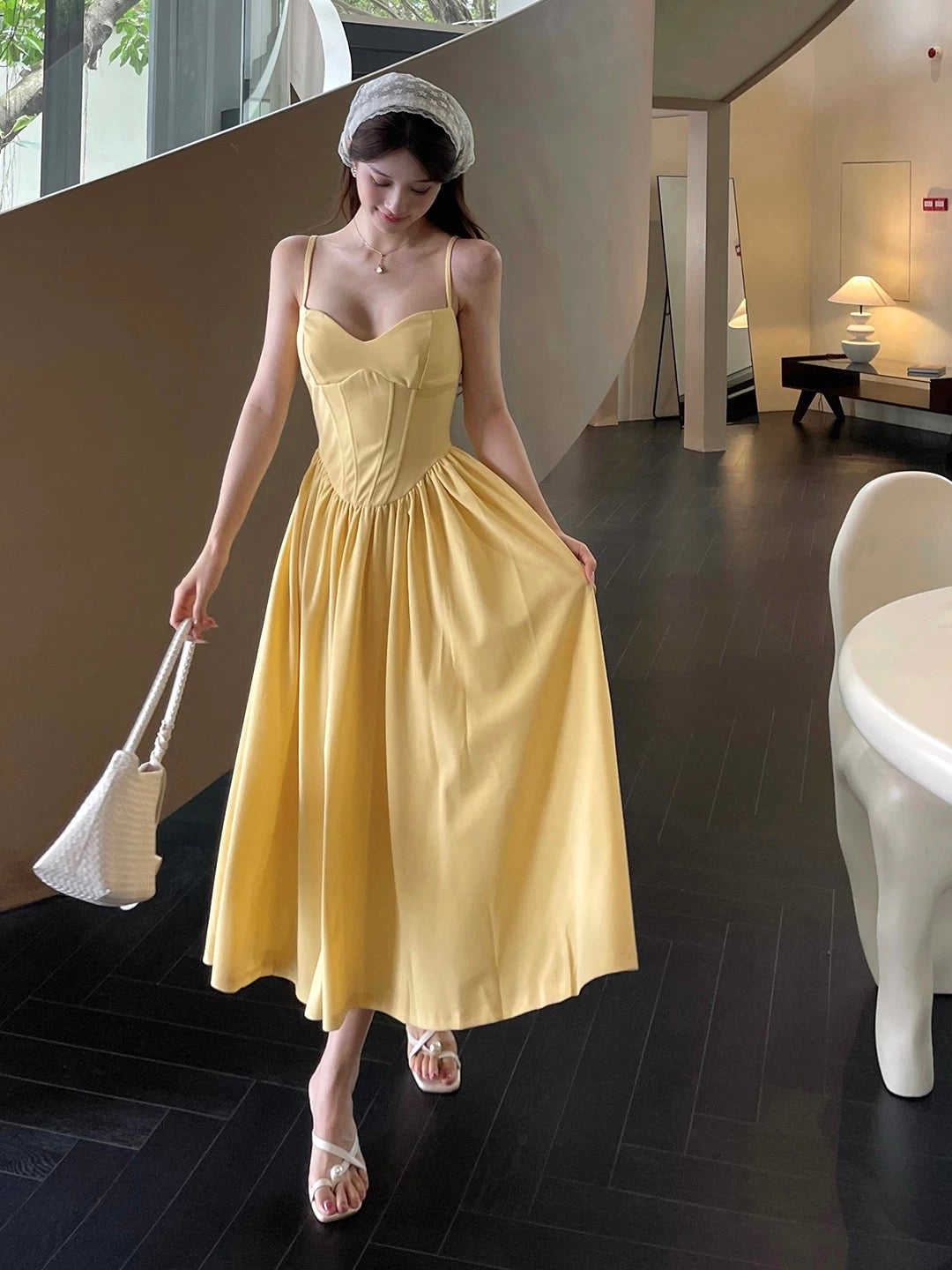 Modest A line Spaghetti Strap Yellow Midi Length Beach Holiday Outfits Date Night 19th Birthday Outfit Formal Dresses RB5740