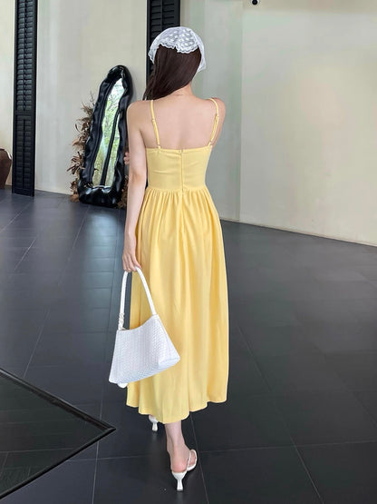 Modest A line Spaghetti Strap Yellow Midi Length Beach Holiday Outfits Date Night 19th Birthday Outfit Formal Dresses RB5740