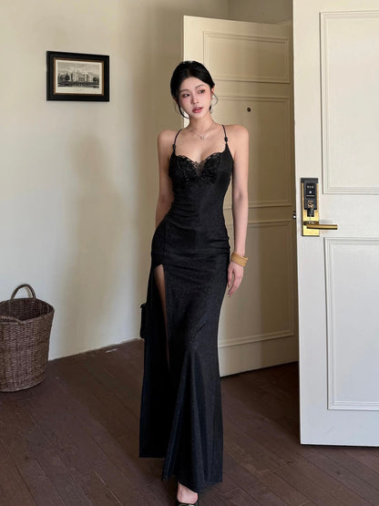 Modest Mermaid Spaghetti Strap Black Lace Beach Holiday Outfits Date Night 19th Birthday Outfit Formal Dresses RB5741