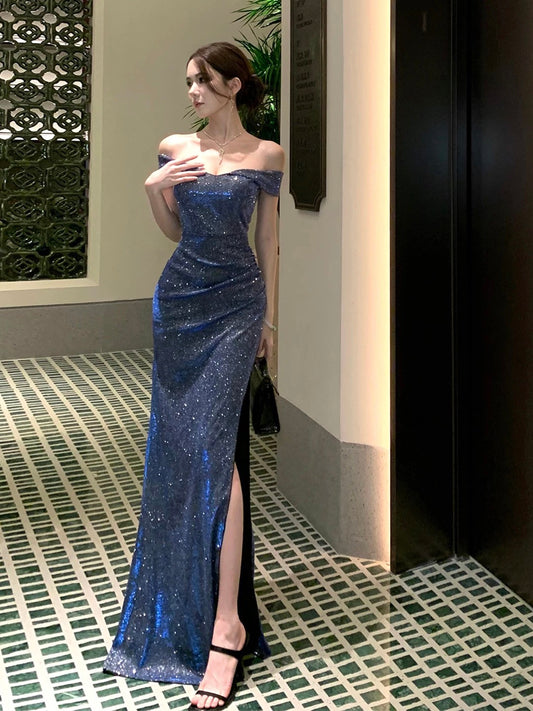 Sparkly Mermaid Off The Shoulder Navy Blue Long Slit Cruise Ship Formal Night Evening Dresses 19th Birthday Outfit RB5742