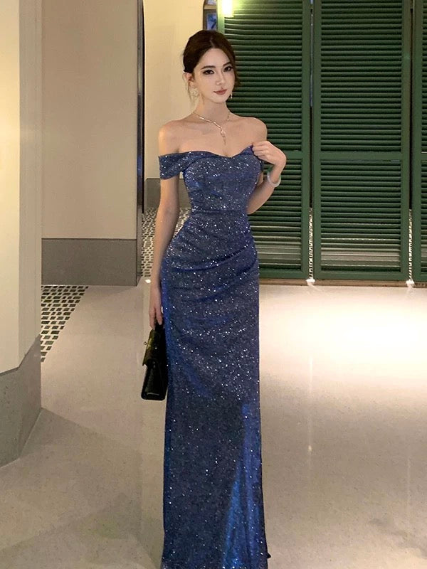 Sparkly Mermaid Off The Shoulder Navy Blue Long Slit Cruise Ship Formal Night Evening Dresses 19th Birthday Outfit RB5742