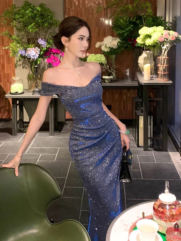 Sparkly Mermaid Off The Shoulder Navy Blue Long Slit Cruise Ship Formal Night Evening Dresses 19th Birthday Outfit RB5742