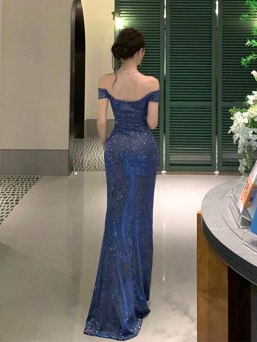 Sparkly Mermaid Off The Shoulder Navy Blue Long Slit Cruise Ship Formal Night Evening Dresses 19th Birthday Outfit RB5742