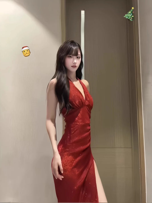 Sparkly Mermaid Halter Red Sequin With Split Long Cruise Ship Formal Night Evening Dresses 19th Birthday Outfit RB5743