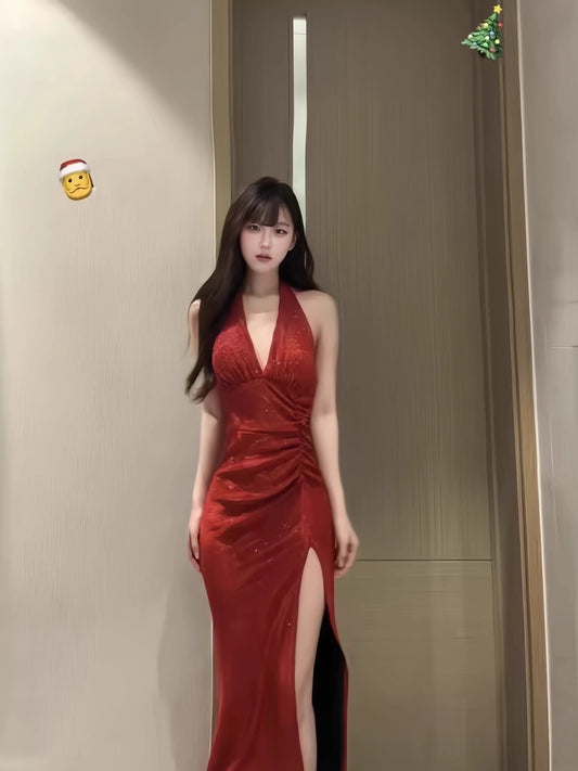 Sparkly Mermaid Halter Red Sequin With Split Long Cruise Ship Formal Night Evening Dresses 19th Birthday Outfit RB5743