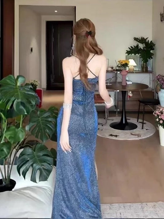 Sparkly Mermaid Spaghetti Strap Blue Sequin With Split Long Cruise Ship Formal Night Evening Dresses 19th Birthday Outfit RB5745