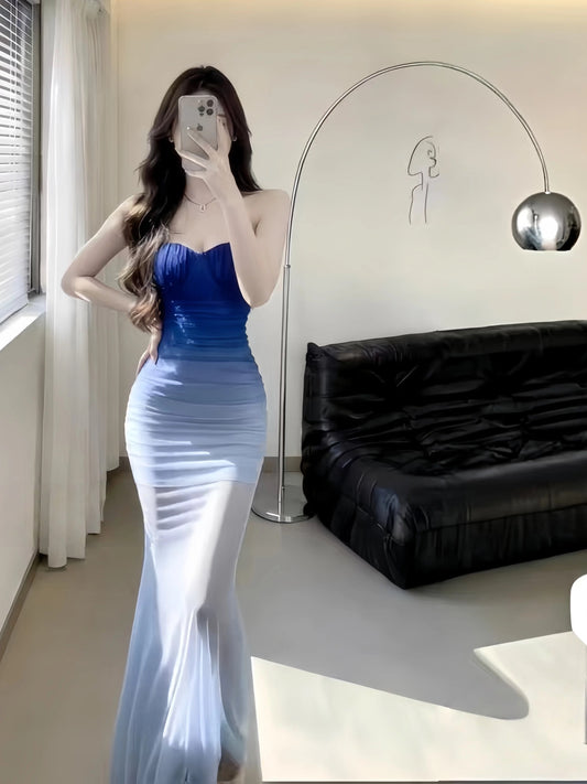 Sexy Mermaid Sweetheart Gradient Color Blue Chiffon Long Cruise Ship Formal Night Evening Dresses 19th Birthday Outfit RB5754
