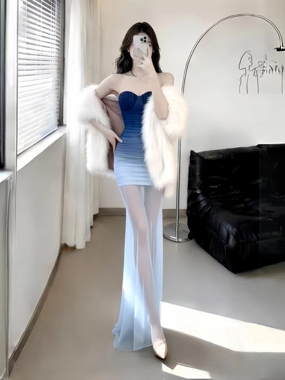 Sexy Mermaid Sweetheart Gradient Color Blue Chiffon Long Cruise Ship Formal Night Evening Dresses 19th Birthday Outfit RB5754